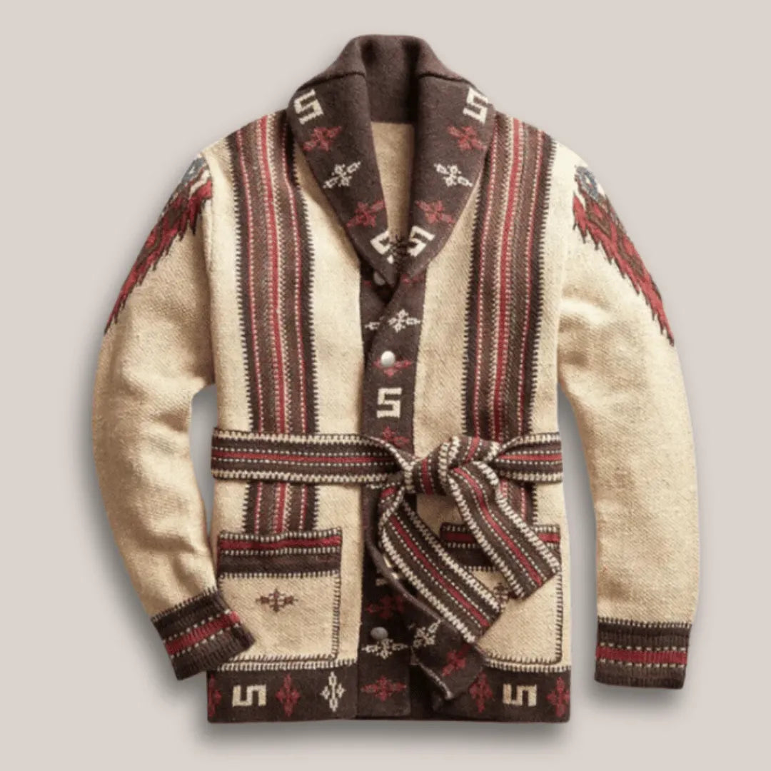 Men's Knit Cardigan with Aztec Pattern | Shawl Collar