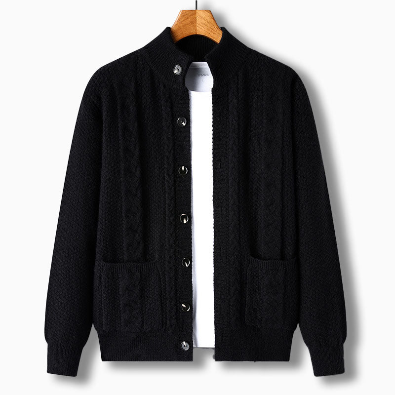 Men's Knit Cardigan with Cable Detail | Stand Collar