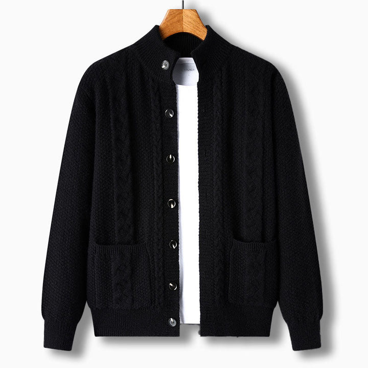 Men's Knit Cardigan with Cable Detail | Stand Collar