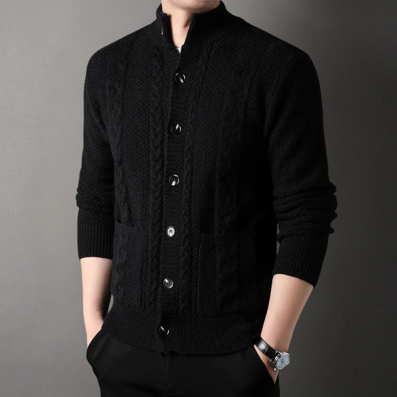 Men's Knit Cardigan with Cable Detail | Stand Collar