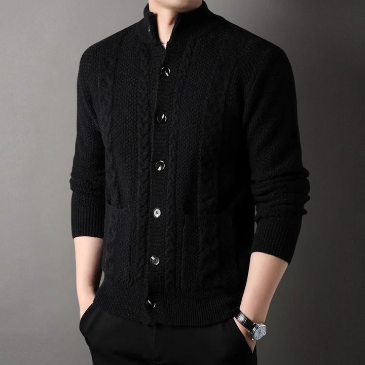 Men's Knit Cardigan with Cable Detail | Stand Collar