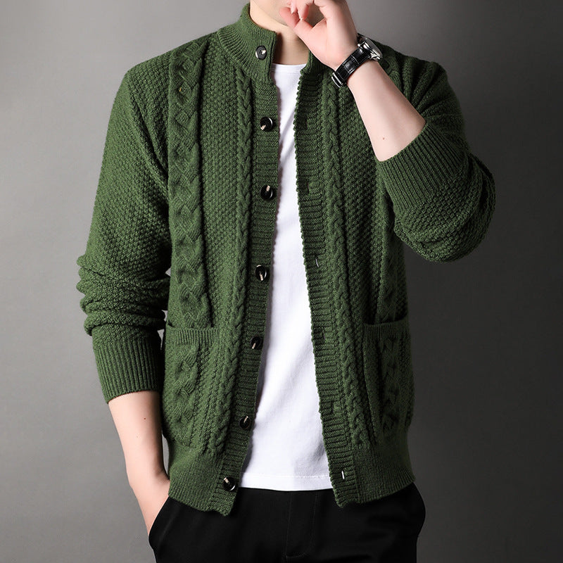 Men's Knit Cardigan with Cable Detail | Stand Collar