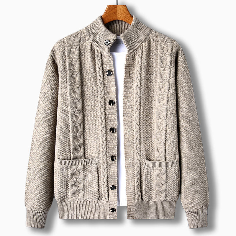 Men's Knit Cardigan with Cable Detail | Stand Collar