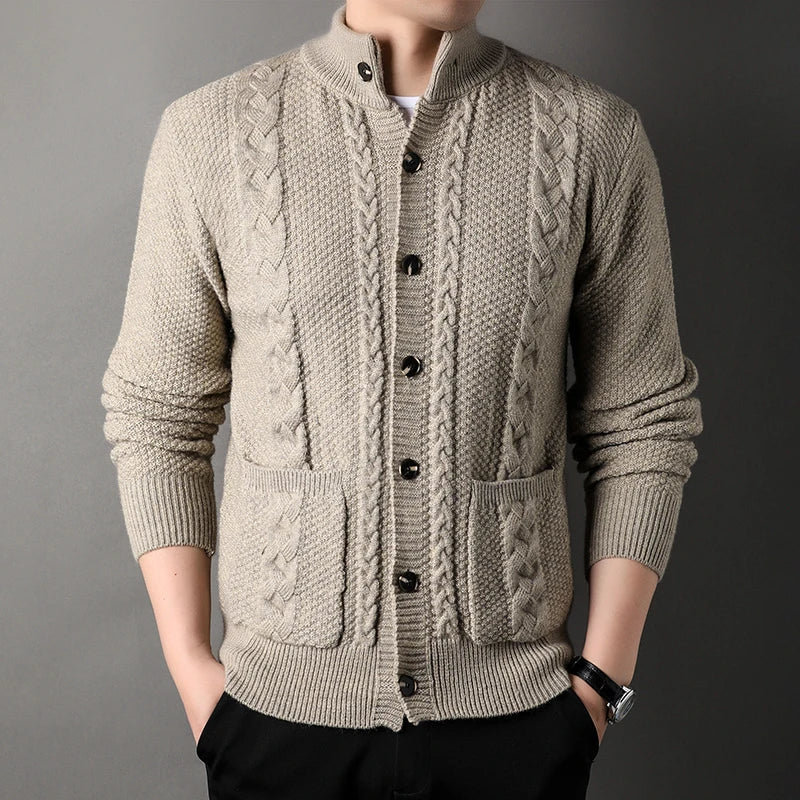 Men's Knit Cardigan with Cable Detail | Stand Collar