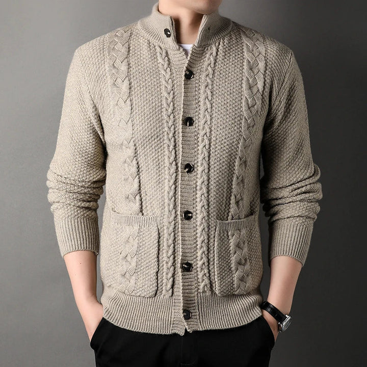 Men's Knit Cardigan with Cable Detail | Stand Collar