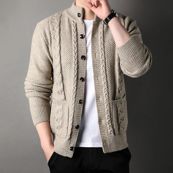 Men's Knit Cardigan with Cable Detail | Stand Collar