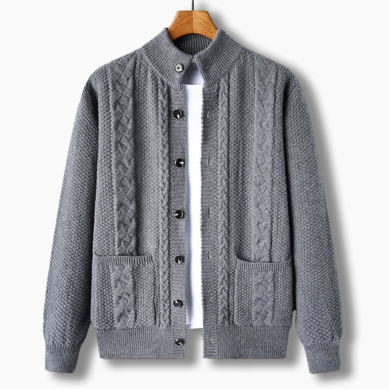 Men's Knit Cardigan with Cable Detail | Stand Collar