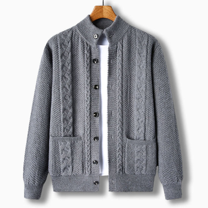 Men's Knit Cardigan with Cable Detail | Stand Collar