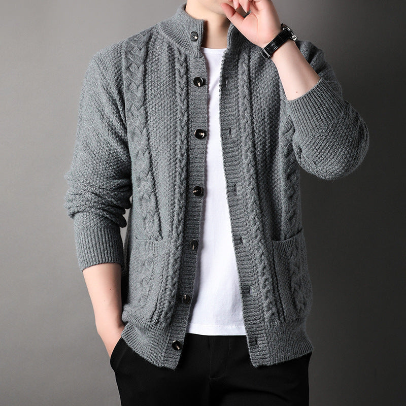 Men's Knit Cardigan with Cable Detail | Stand Collar