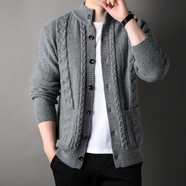 Men's Knit Cardigan with Cable Detail | Stand Collar