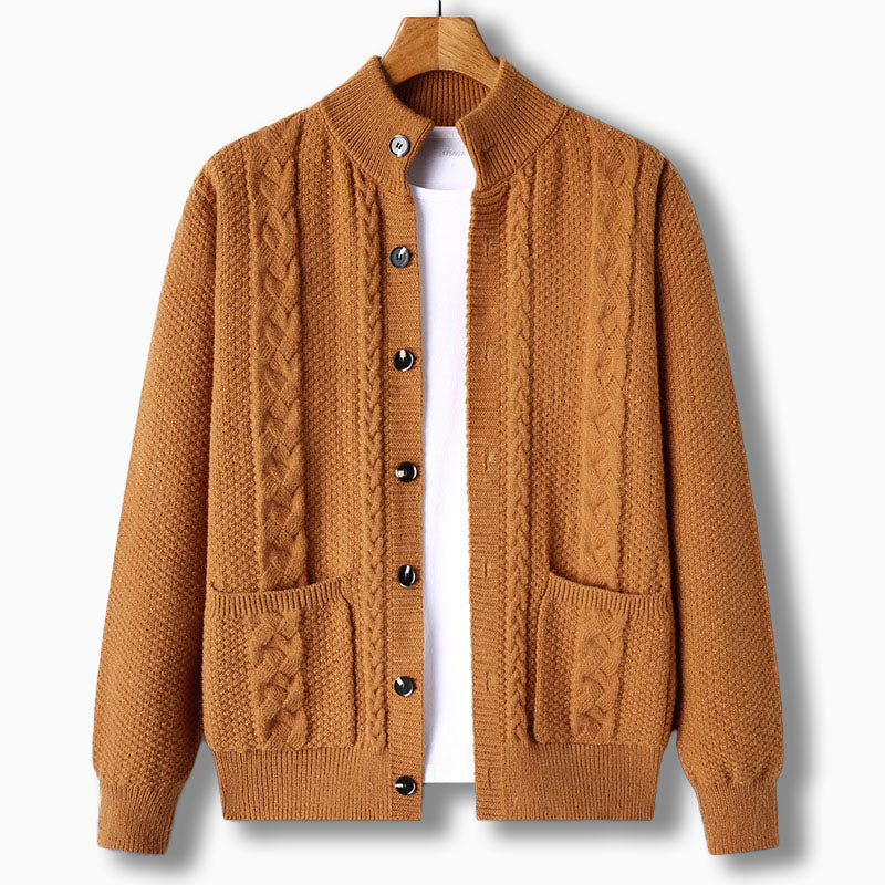 Men's Knit Cardigan with Cable Detail | Stand Collar