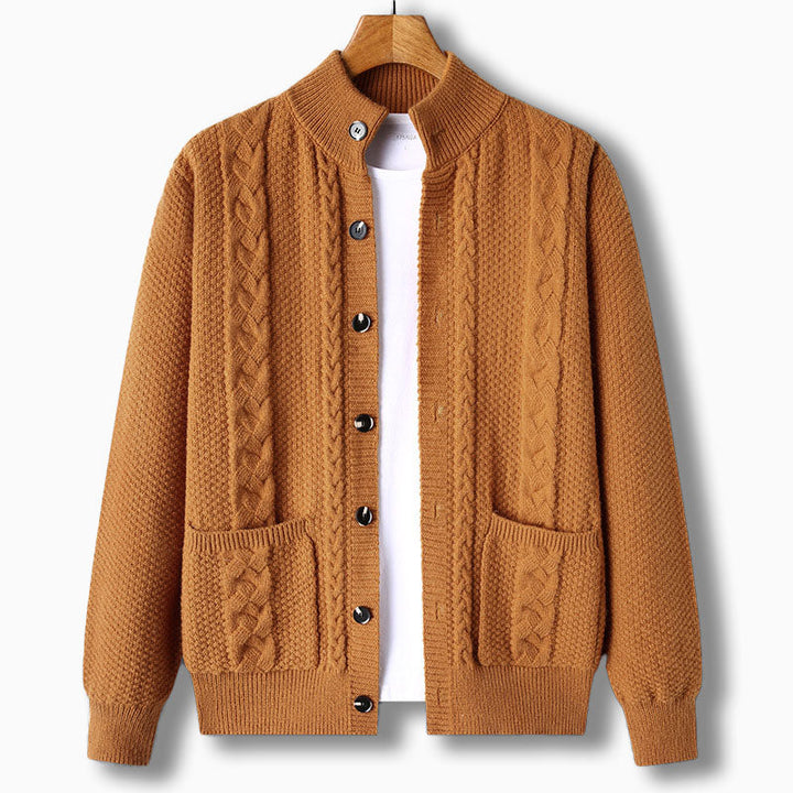 Men's Knit Cardigan with Cable Detail | Stand Collar