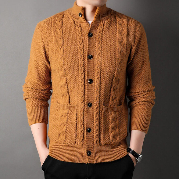 Men's Knit Cardigan with Cable Detail | Stand Collar