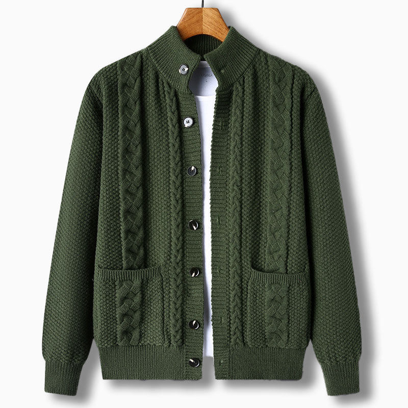 Men's Knit Cardigan with Cable Detail | Stand Collar