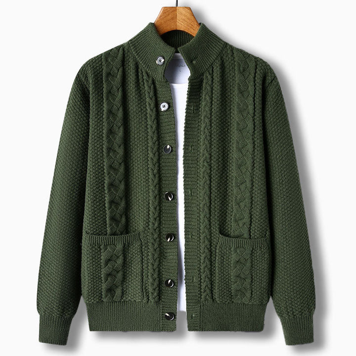 Men's Knit Cardigan with Cable Detail | Stand Collar