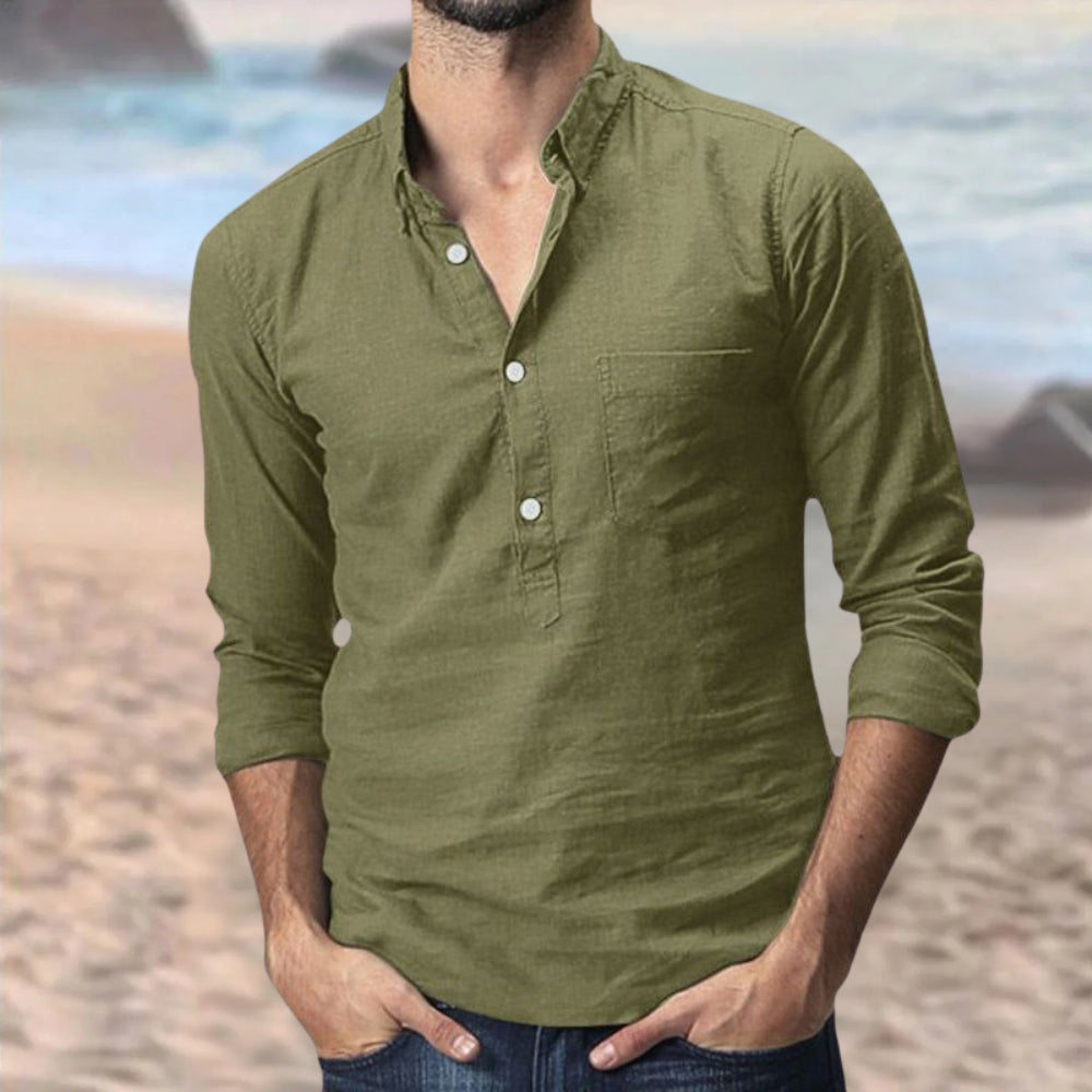 Men’s Long Sleeve Shirt with Half Button & Chest Pocket | Casual