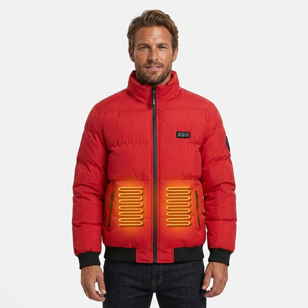 Men's Puffer Heated Jacket with Stand Collar & Zip Up | Winter