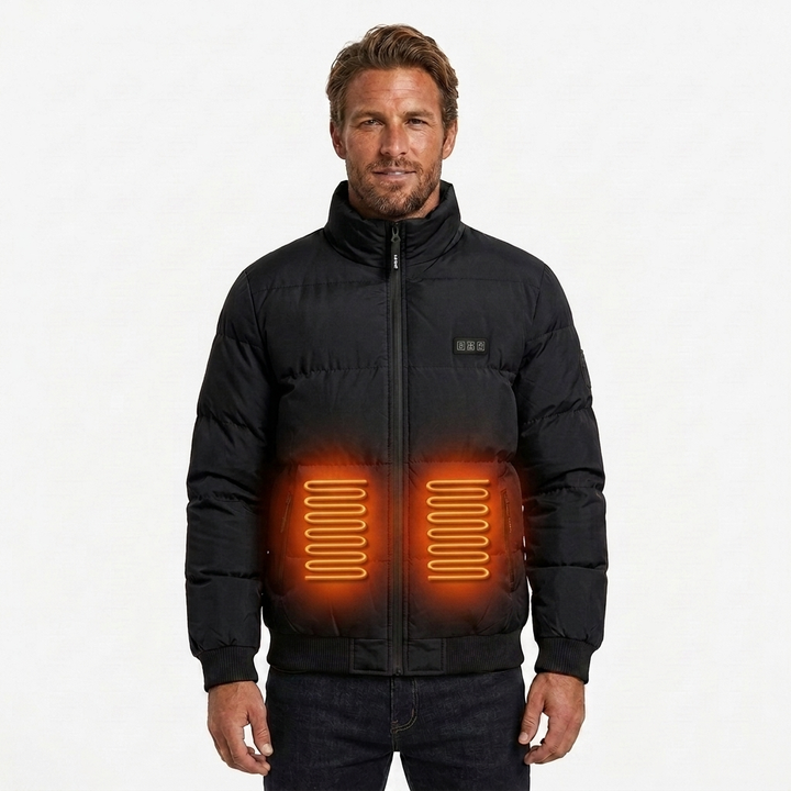 Men's Puffer Heated Jacket with Stand Collar & Zip Up | Winter