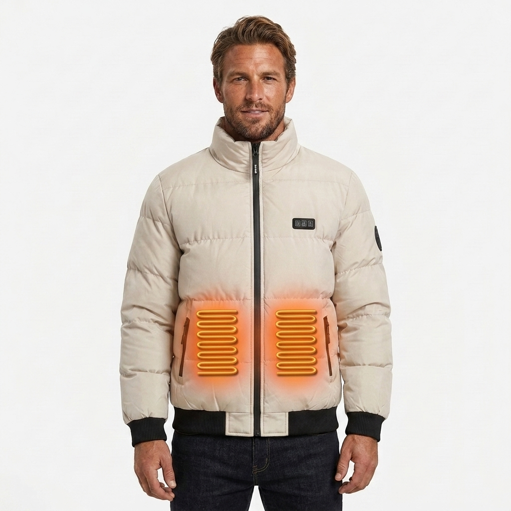 Men's Puffer Heated Jacket with Stand Collar & Zip Up | Winter