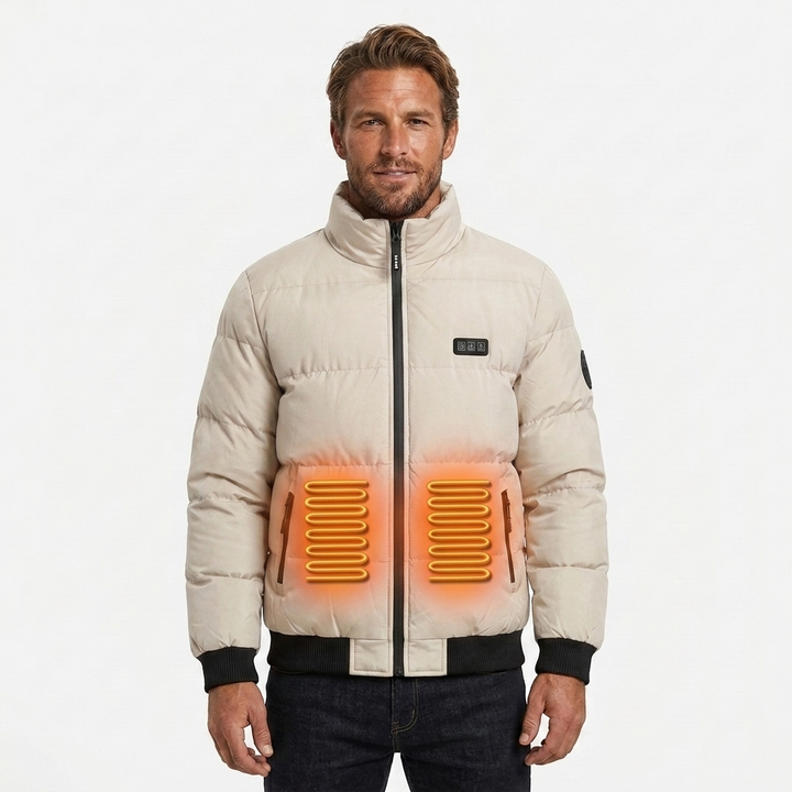 Men's Puffer Heated Jacket with Stand Collar & Zip Up | Winter