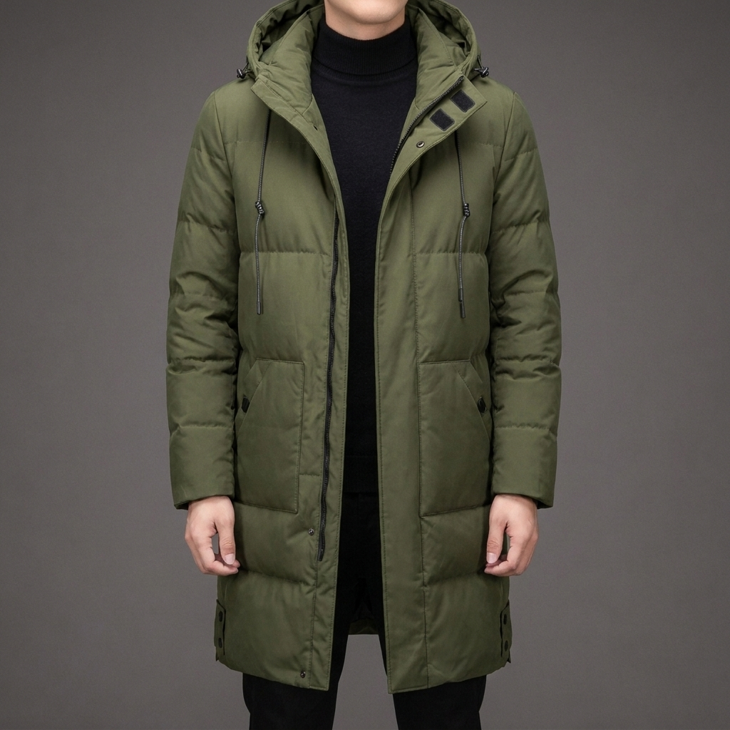 Men's Quilted Coat Long Hooded Puffer Multi Pocket | Winter