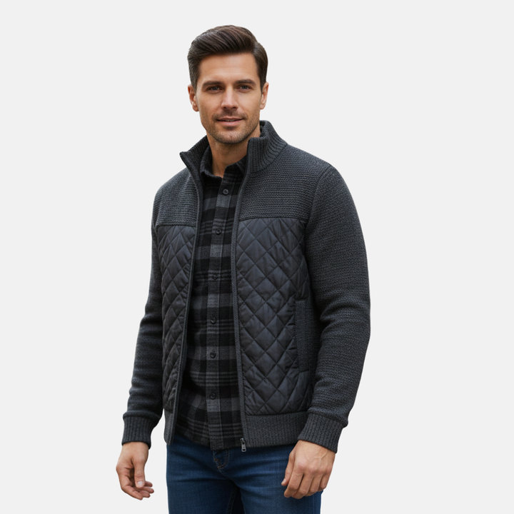 Men's Quilted Jacket with Knit Panels | Zip Up