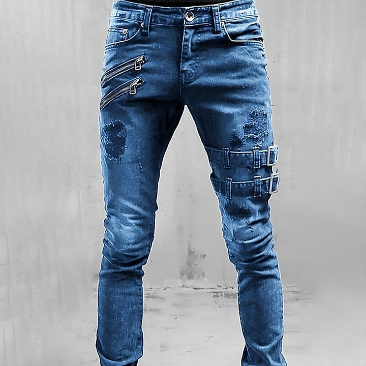 Men's Skinny Jeans with Ripped Zip-Buckle | Motorcycle