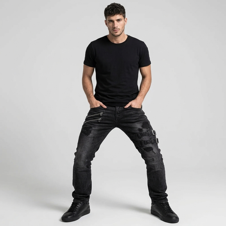 Men's Skinny Jeans with Ripped Zip-Buckle | Motorcycle