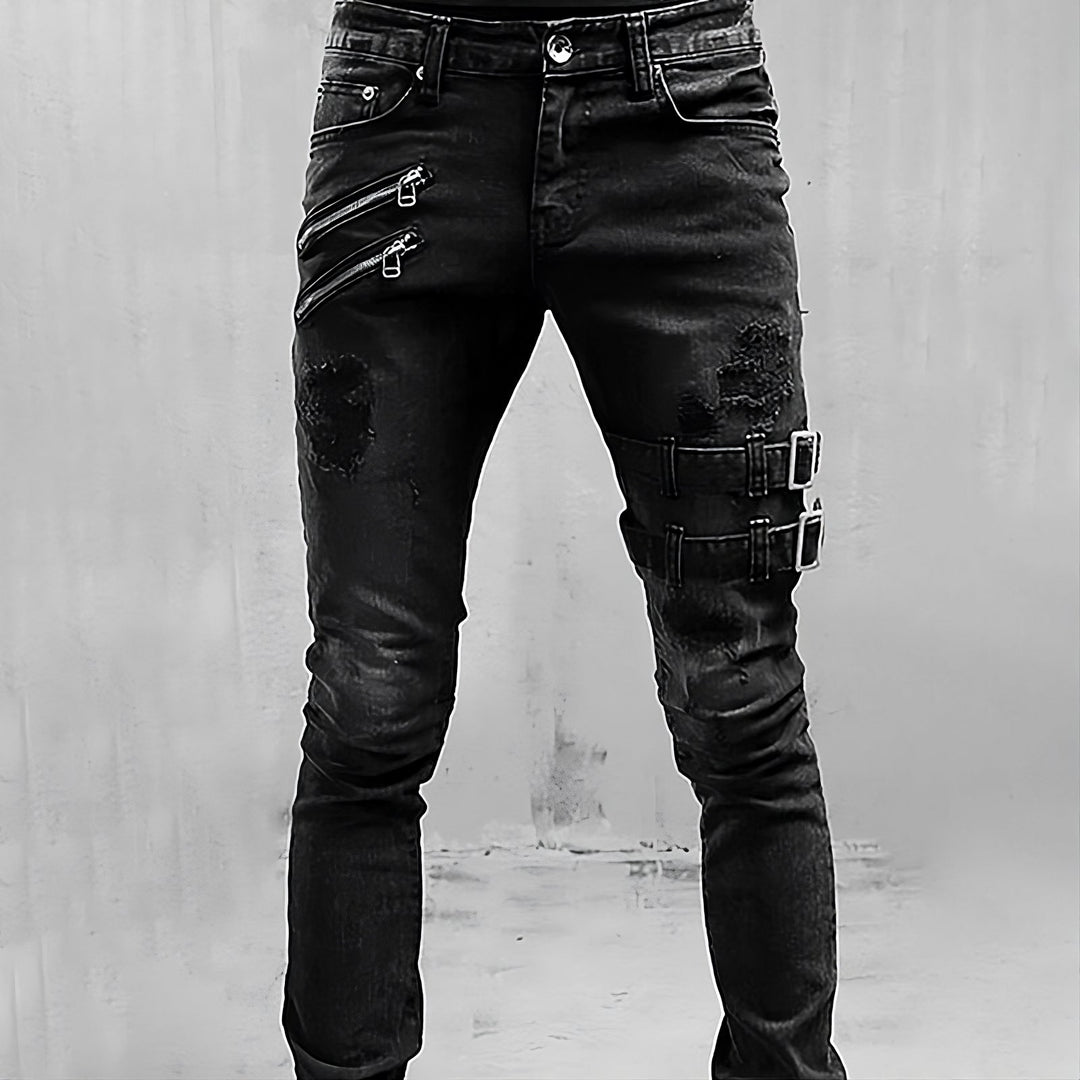 Men's Skinny Jeans with Ripped Zip-Buckle | Motorcycle