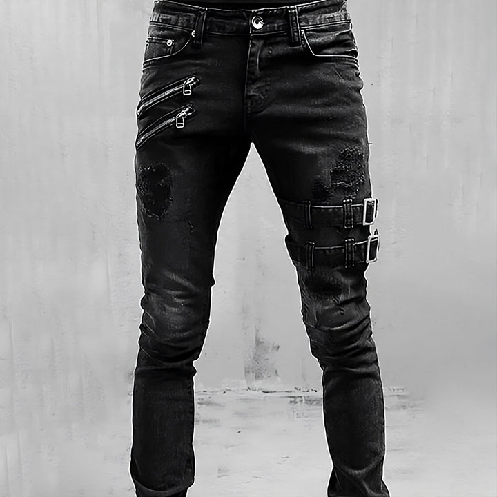 Men's Skinny Jeans with Ripped Zip-Buckle | Motorcycle