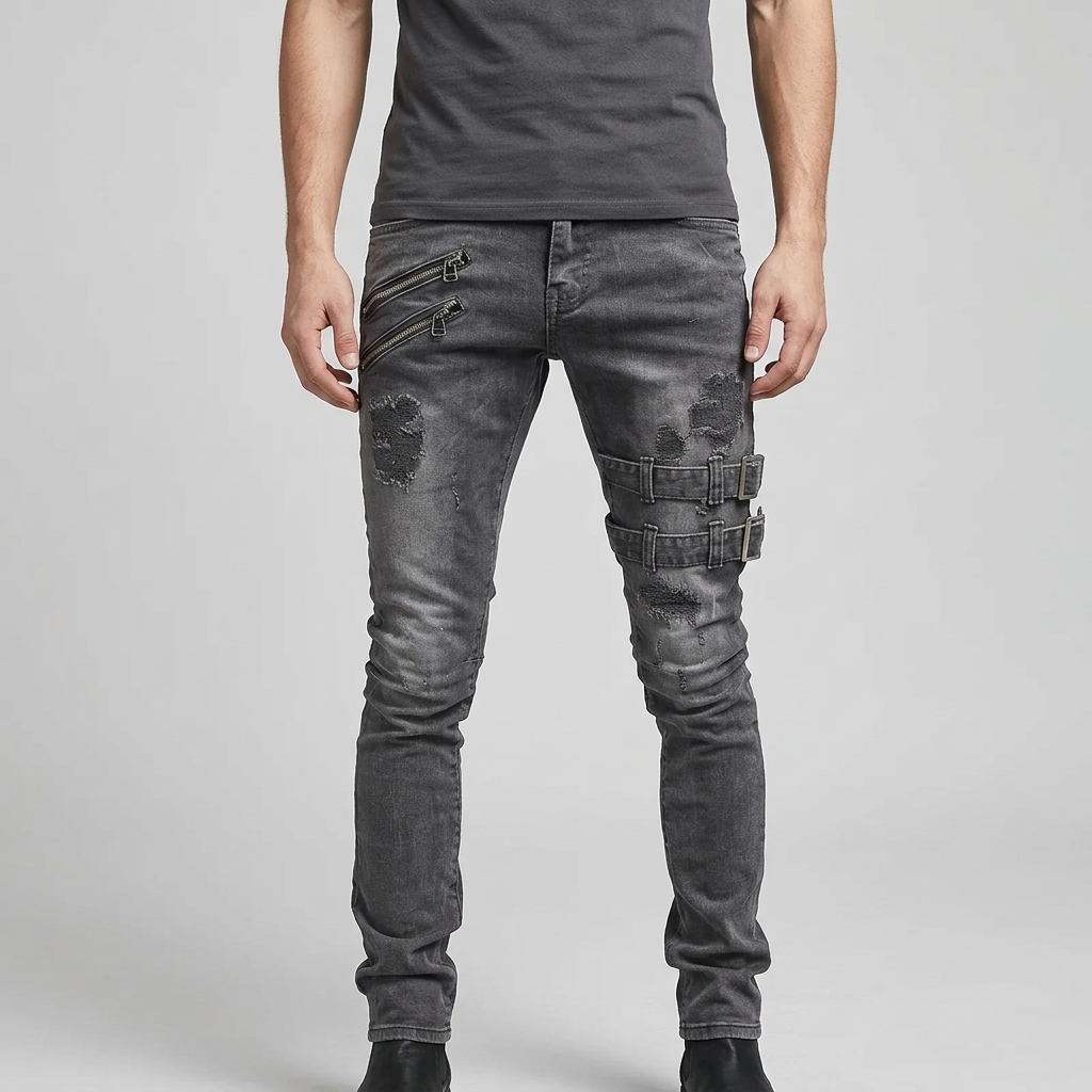 Men's Skinny Jeans with Ripped Zip-Buckle | Motorcycle