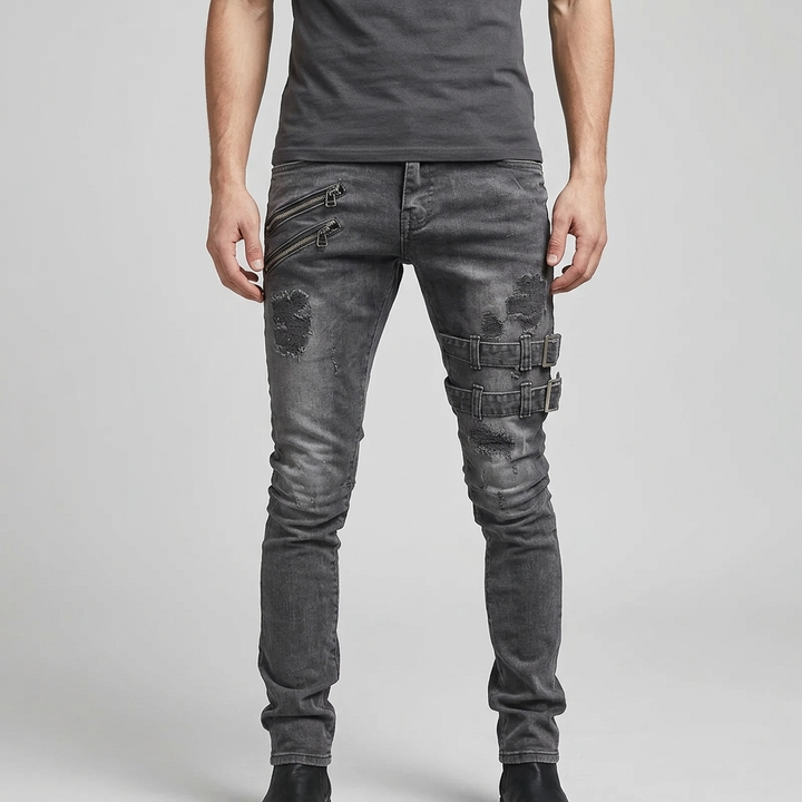 Men's Skinny Jeans with Ripped Zip-Buckle | Motorcycle