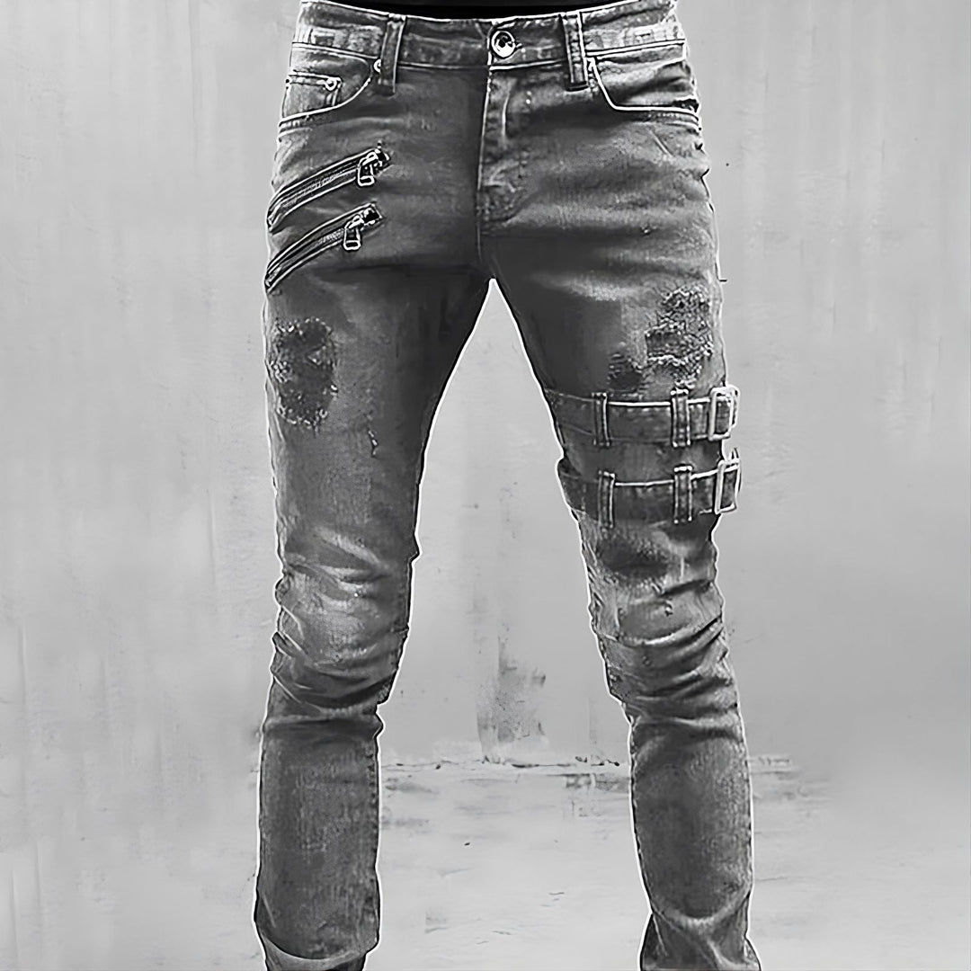 Men's Skinny Jeans with Ripped Zip-Buckle | Motorcycle
