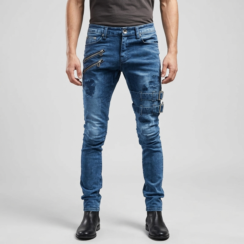 Men's Skinny Jeans with Ripped Zip-Buckle | Motorcycle