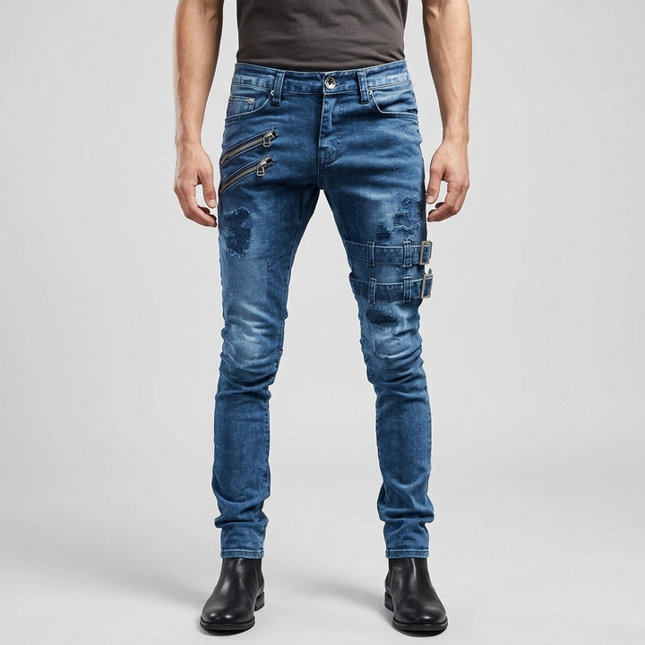 Men's Skinny Jeans with Ripped Zip-Buckle | Motorcycle