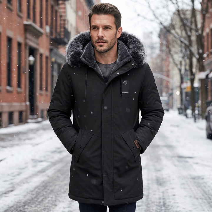 Men's Snow Jacket with Hood & Zip Pockets | Long Parka