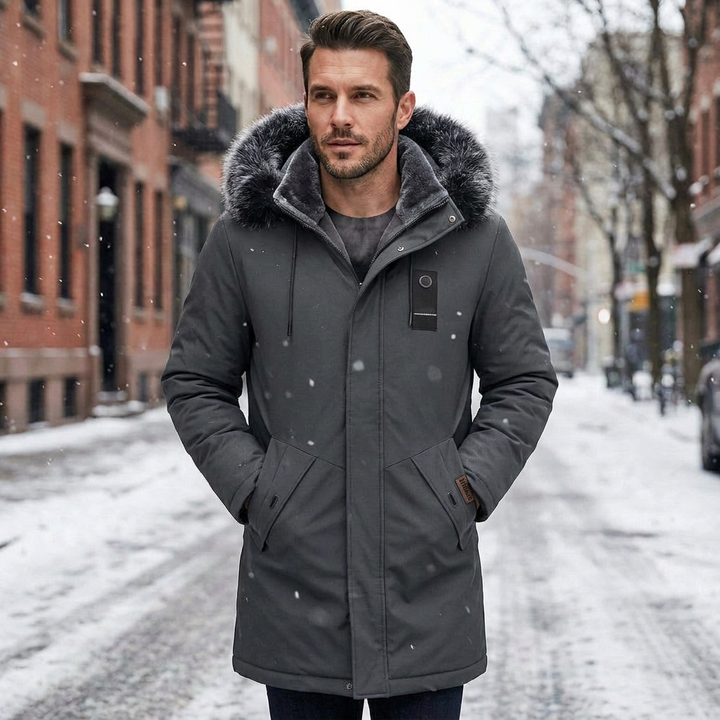 Men's Snow Jacket with Hood & Zip Pockets | Long Parka