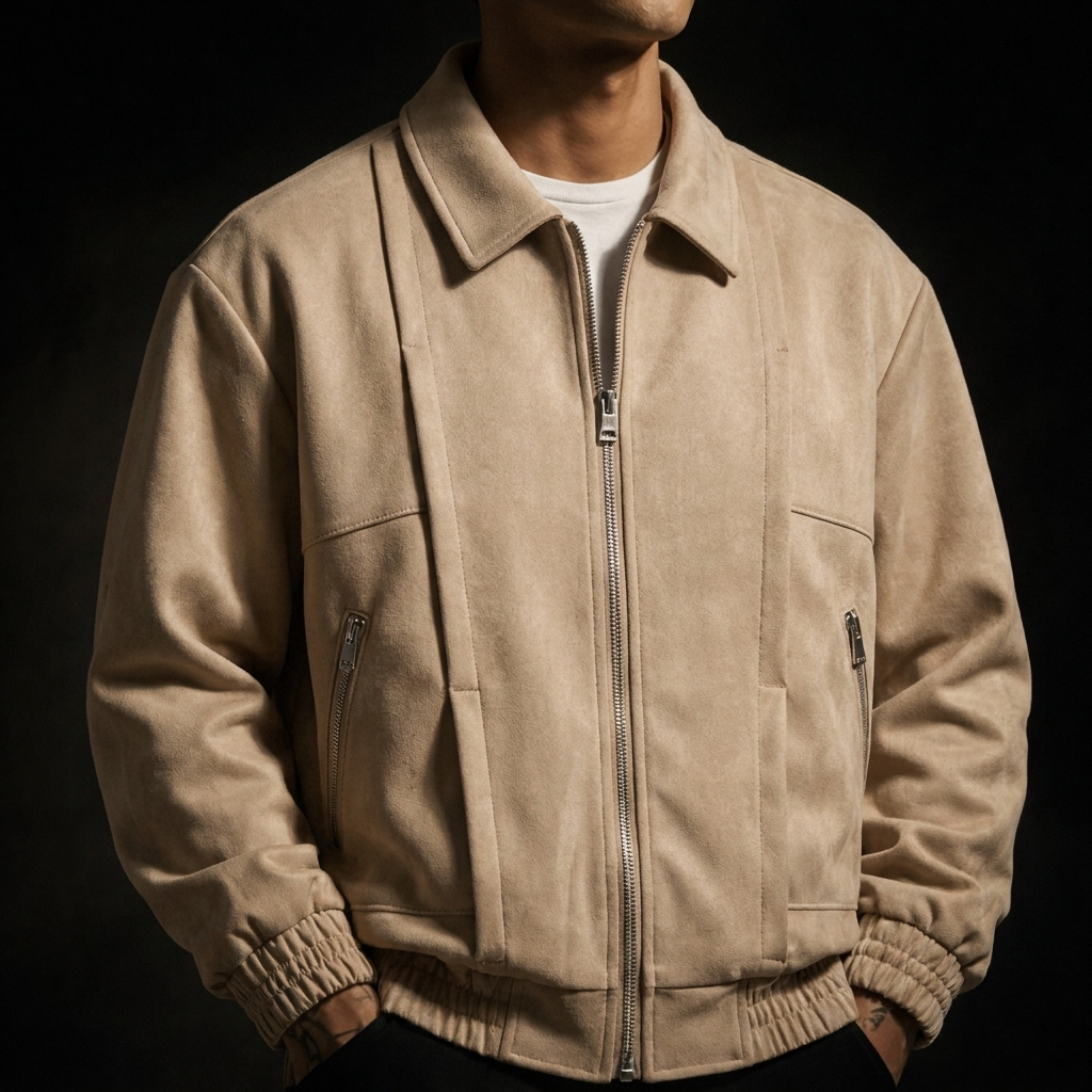 Men's Suede Jacket Oversized Zip Up Elastic Cuff | Bomber