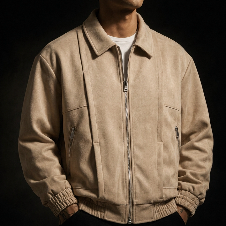 Men's Suede Jacket Oversized Zip Up Elastic Cuff | Bomber