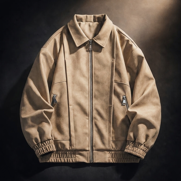 Men's Suede Jacket Oversized Zip Up Elastic Cuff | Bomber