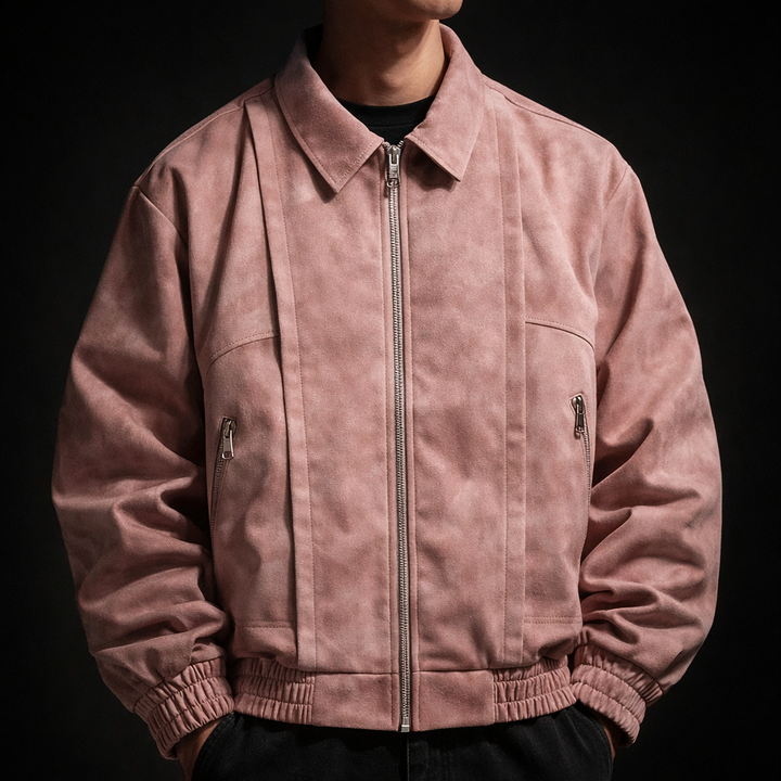 Men's Suede Jacket Oversized Zip Up Elastic Cuff | Bomber