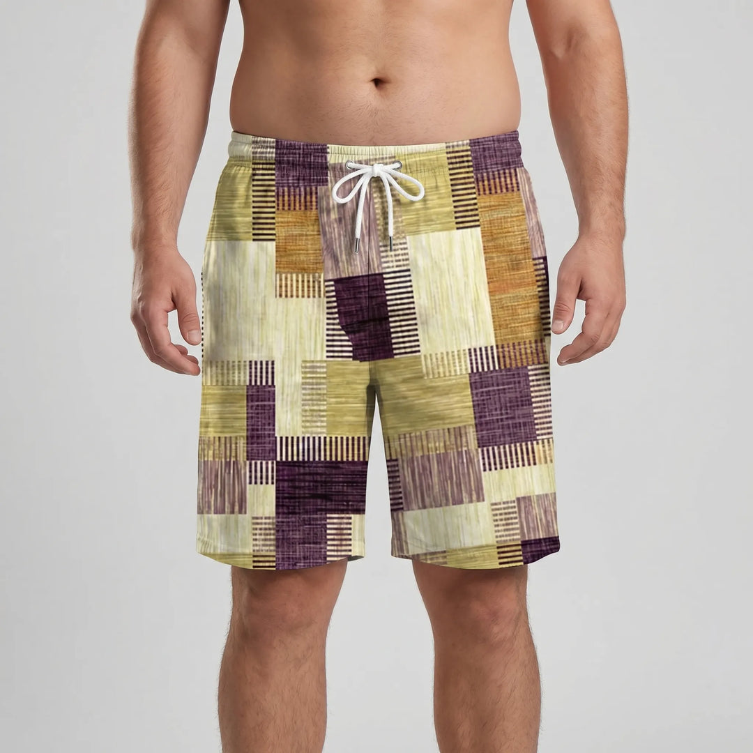 Men’s Swim Shorts with Patchwork Print & Drawstring Waist | Beach