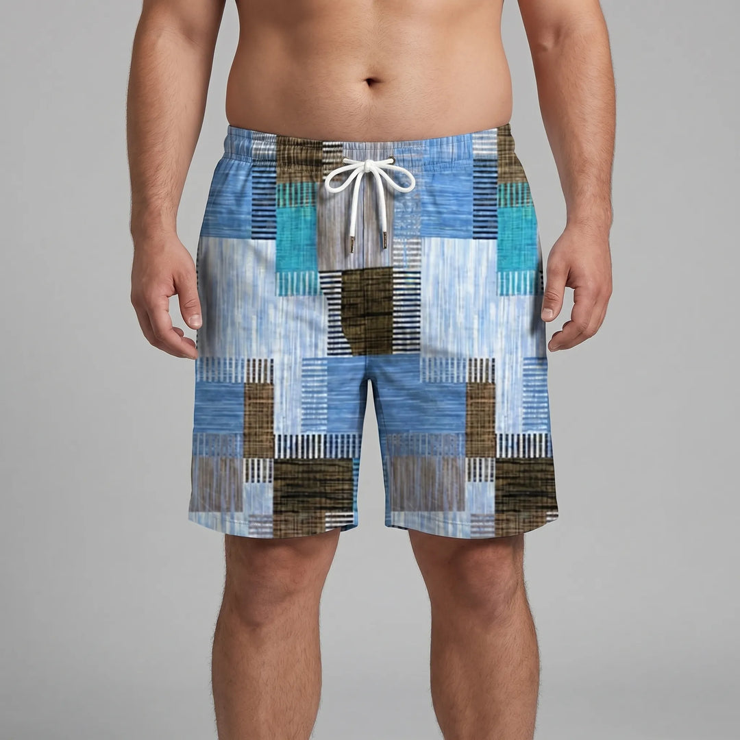 Men’s Swim Shorts with Patchwork Print & Drawstring Waist | Beach