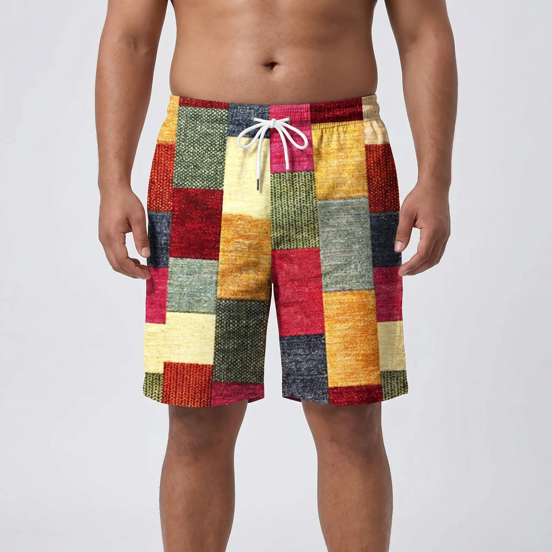 Men’s Swim Shorts with Patchwork Print & Drawstring Waist | Beach