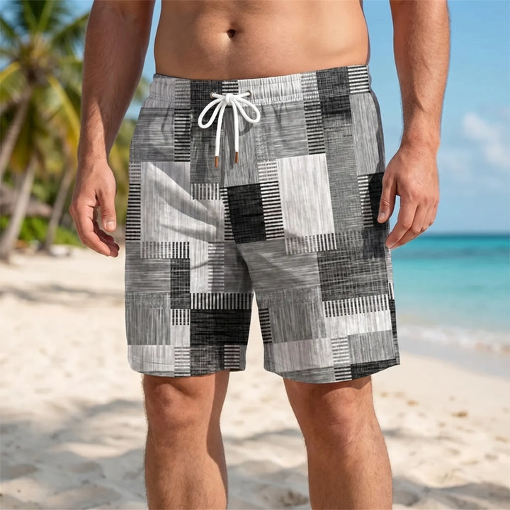 Men’s Swim Shorts with Patchwork Print & Drawstring Waist | Beach