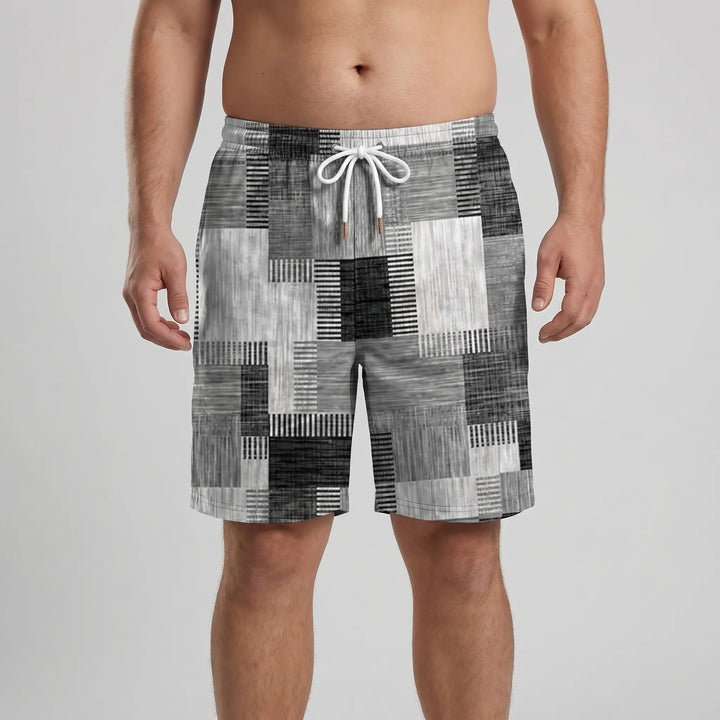 Men’s Swim Shorts with Patchwork Print & Drawstring Waist | Beach