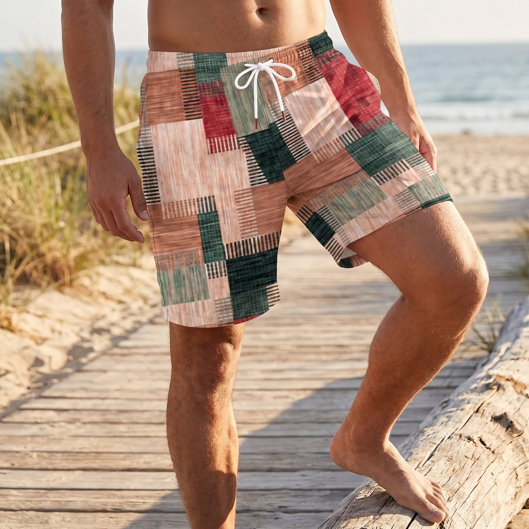 Men’s Swim Shorts with Patchwork Print & Drawstring Waist | Beach