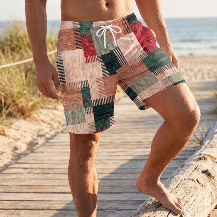 Men’s Swim Shorts with Patchwork Print & Drawstring Waist | Beach