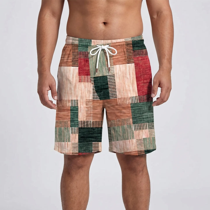 Men’s Swim Shorts with Patchwork Print & Drawstring Waist | Beach