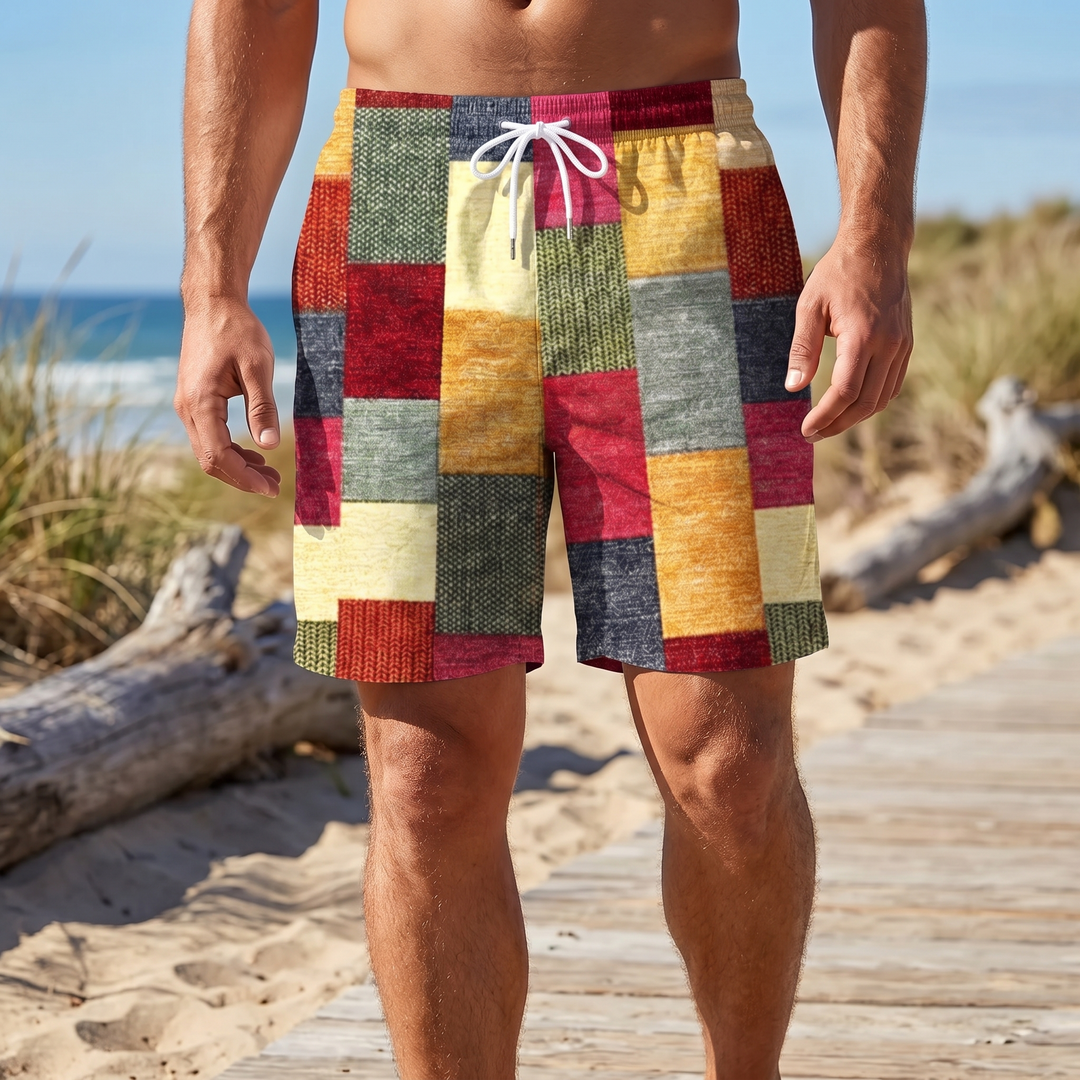 Men’s Swim Shorts with Patchwork Print & Drawstring Waist | Beach